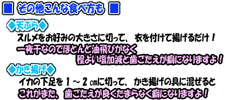 【一夜干しスルメ】　その他こんな食べ方も　◆天ぷら◆　スルメをお好みの大きさに切って、衣を付けて揚げるだけ！一夜干しなのでほとんど油飛びがなく程よい塩加減と歯ごたえが癖になります　◆かき揚げ◆イカの下足を１～２cmに切って、かき揚げの具に混ぜると歯ごたえが良くたまらなく癖になりますよ！