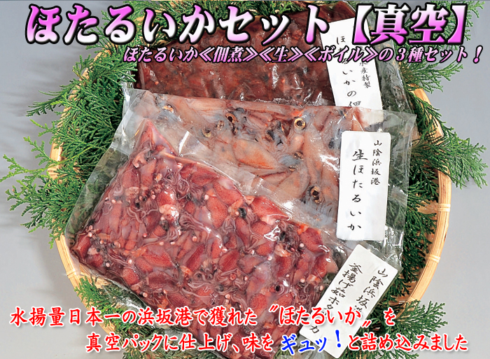 地物 ほたるいかセット【真空】<日本海産・山陰沖> ほたるいか佃煮・生ほたるいか・ボイルほたるいか 各400g入